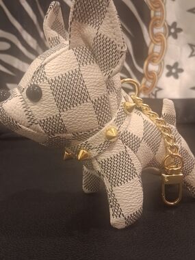 Checkered Puppy Charm Keychain with Gold Studs